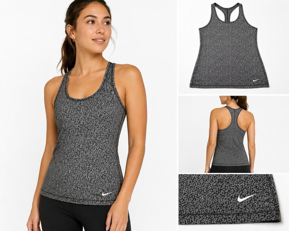 NIKE WOMENS DRI FIT GRAY BLACK PRINT RACERBACK RUNNING WORKOUT TANK TOP SIZE M